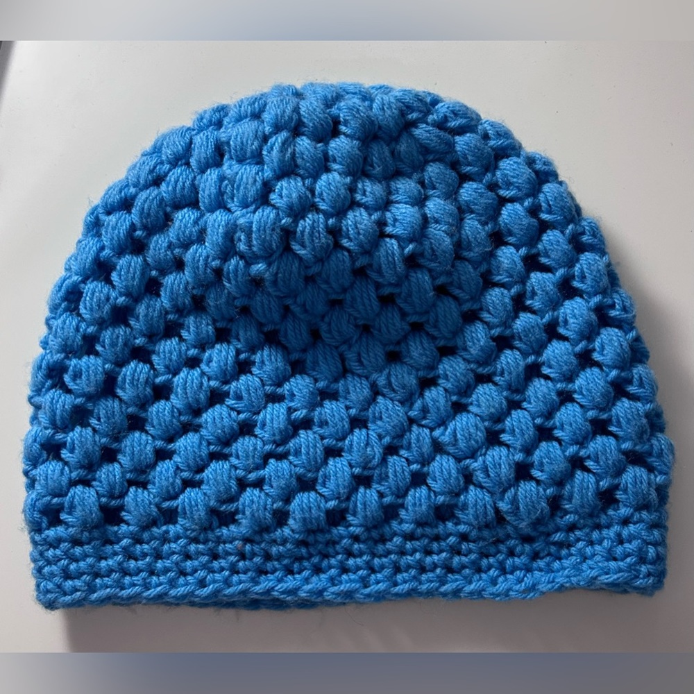 homemade blue loose knitted hat